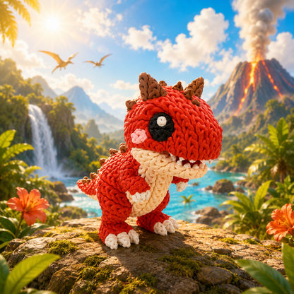 Gestrickte Baby-Carnotaurus-Dinofigur in Seitenansicht, rote Wolle mit beigem Bauch
