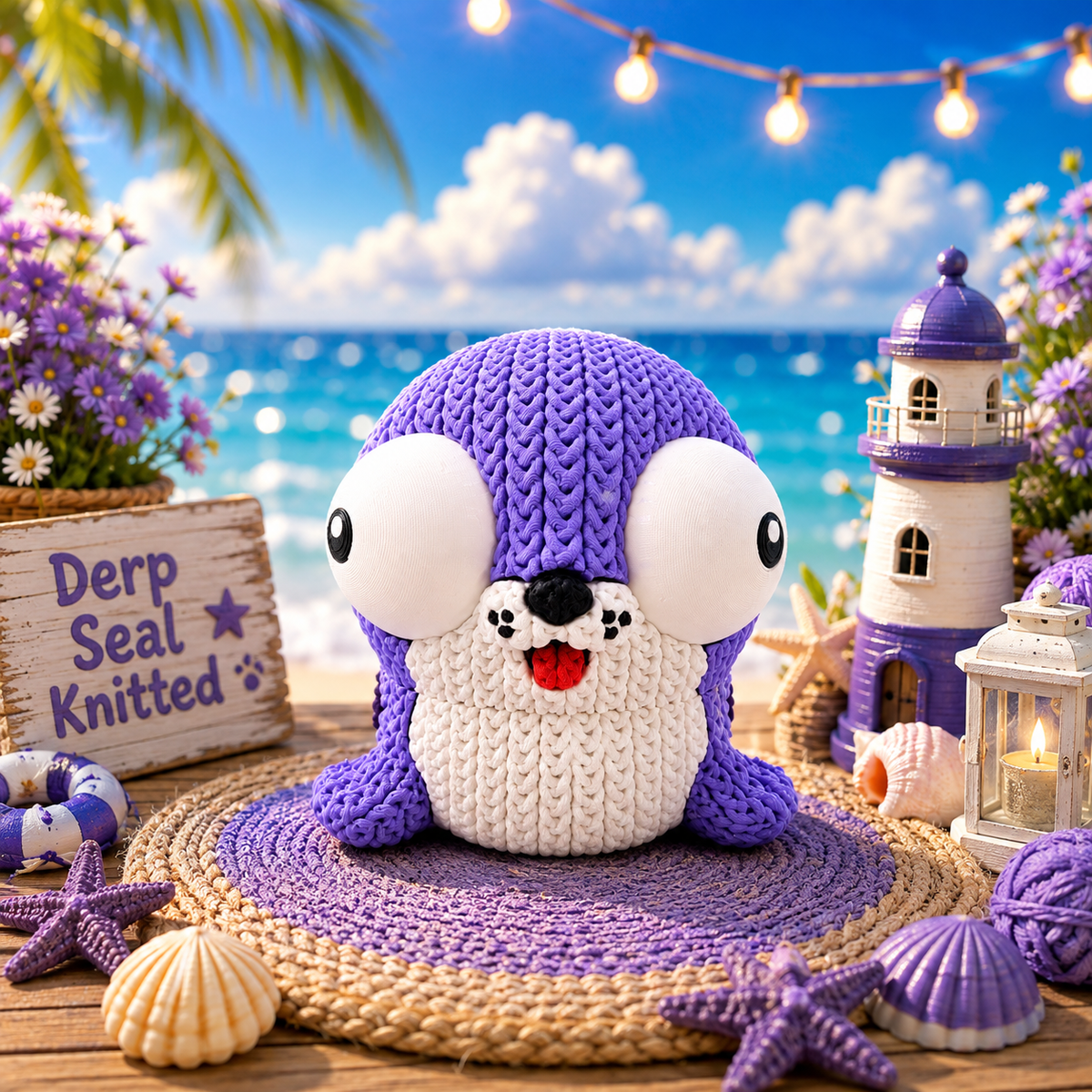 Gestrickte Robbenfigur in Flieder und Weiß mit großen Augen, rotem Mund und runder Unterlage