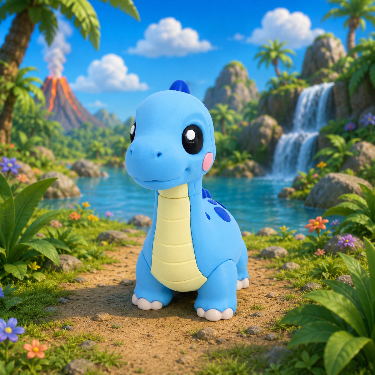 Blauer Baby-Brachiosaurus in stehender Pose, dunkle Punkte, beiger Bauch und rosa Wangen