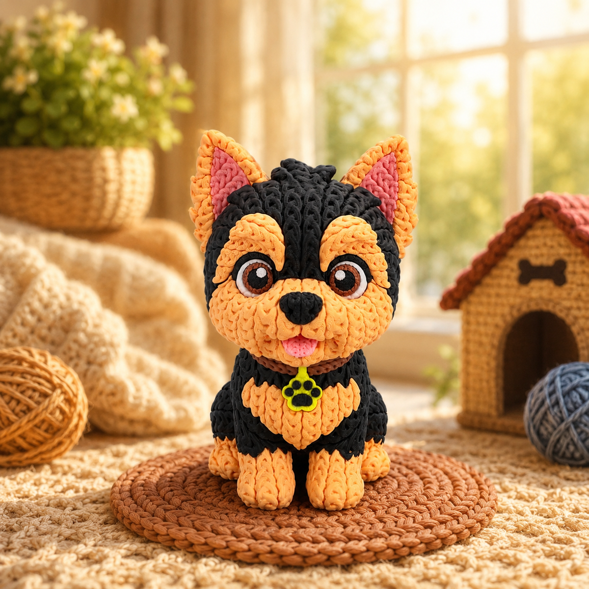 Gestrickte Yorkshire-Terrier-Hundefigur mit großen Augen, schwarz und bernsteinfarben, auf Matte