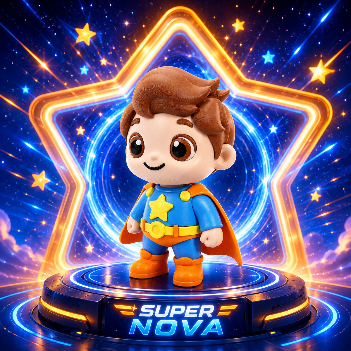 3D-Figur mit braunem Haar, blauem Anzug und gelbem Stern, SUPER NOVA-Leuchtsockel