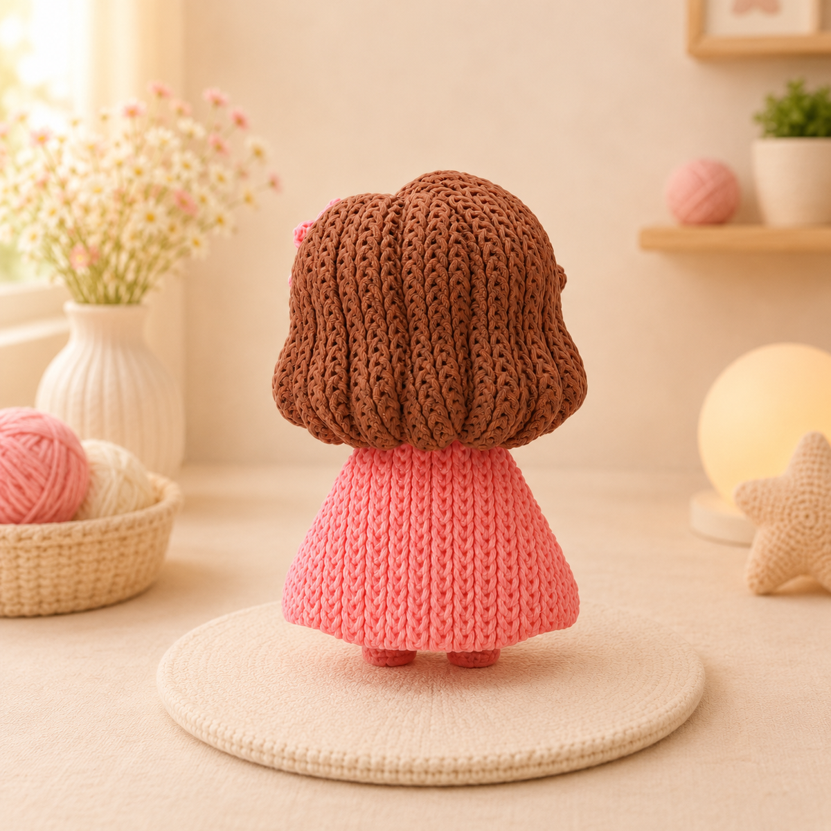 Gestrickte Figur von hinten: brauner Haarschopf und rosa Kleid auf rundem Sockel