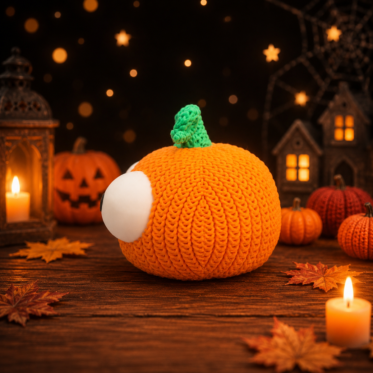 Gestrickte Kürbisfigur, orange mit grünem Stiel, seitliche Ansicht mit einem großen Auge