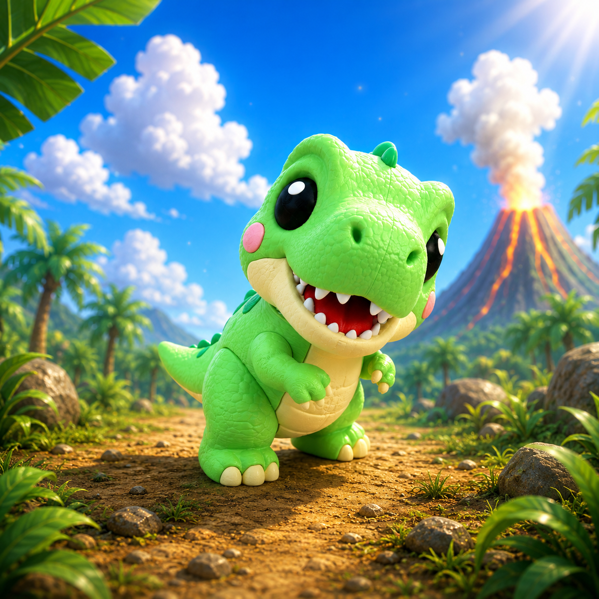 Grüne T-Rex-Babydino-Figur mit glatter Oberfläche, dreiviertel vorne, rotes Maul und ausgestreckte Pfoten.