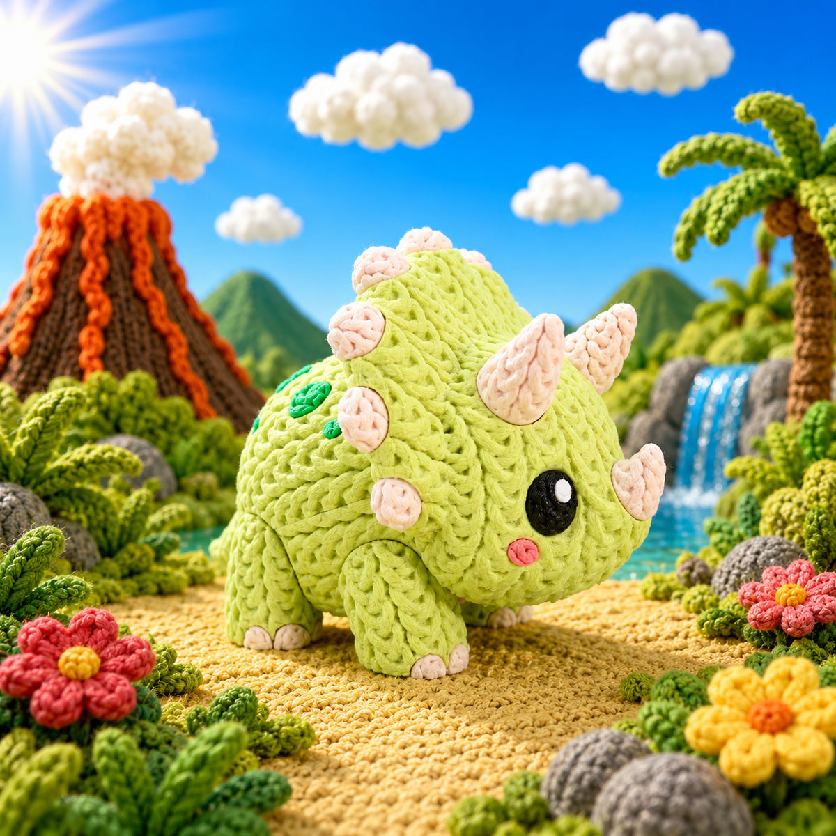 Grüner Baby-Triceratops-Strick mit großen schwarzen Augen, rosa Wangen und grünen Punkten.