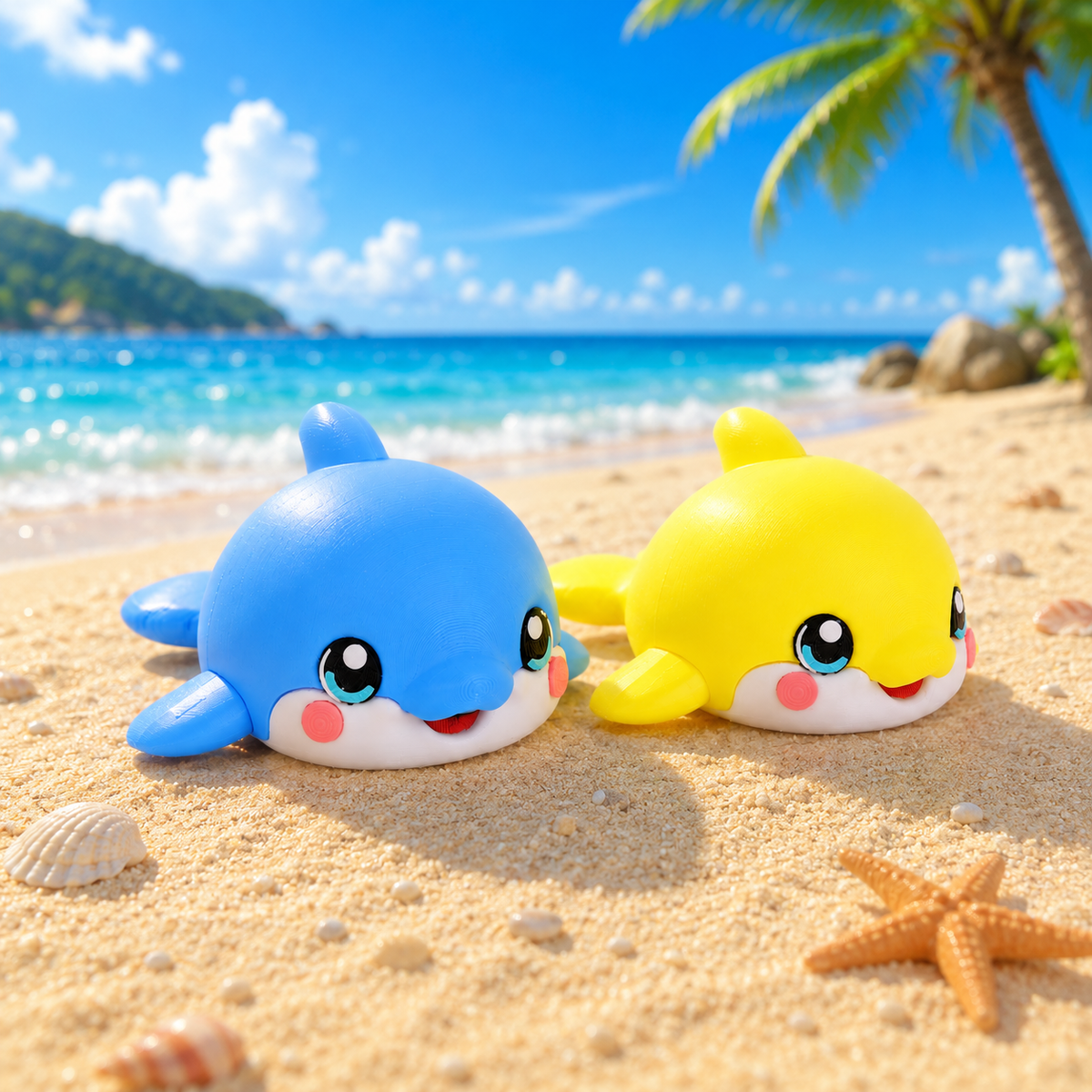 Zwei Delfin-Anhänger am Strand: blauer Delfin und gelber Delfin