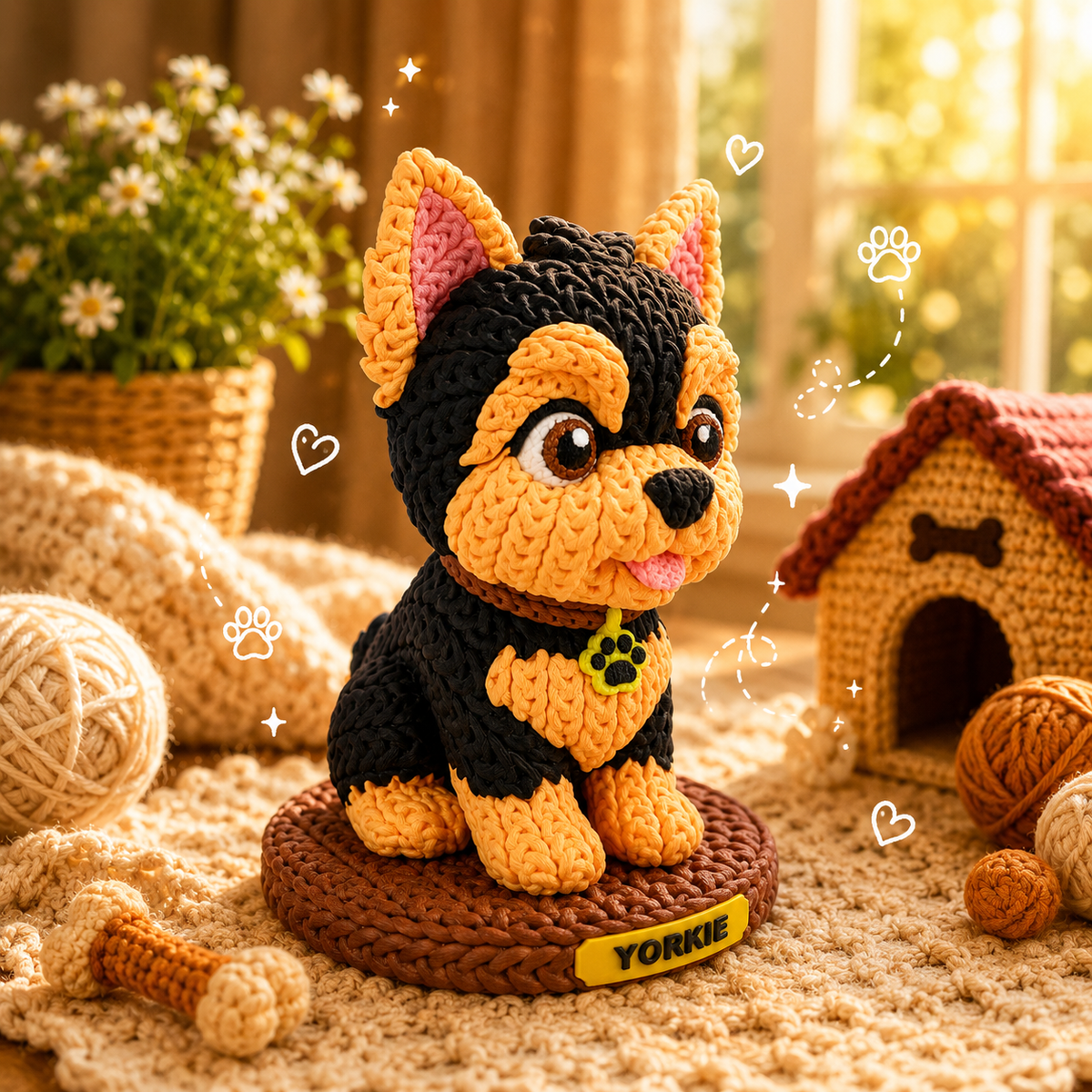 Gestrickte Yorkshire-Terrier-Hundefigur, schwarz mit bernsteinfarbenen Ohren, auf runder Matte