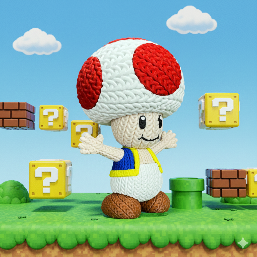 Knitted Mushroom Guide – Cozy Game Fanart Figur Whale 3D Studio