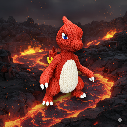 Knitted Fire Lizard Warrior – Cozy Monster Fanart Figur Whale 3D Studio