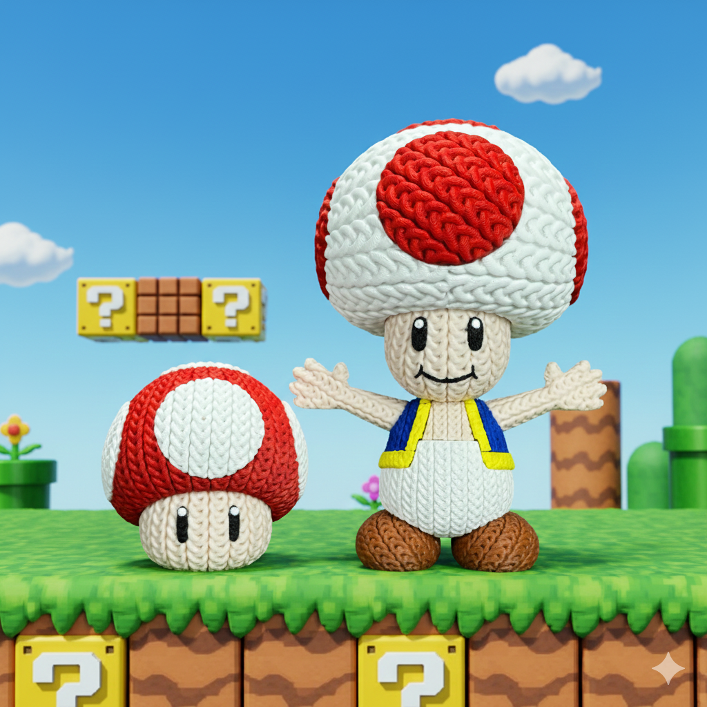 Knitted Mushroom Guide – Cozy Game Fanart Figur Whale 3D Studio