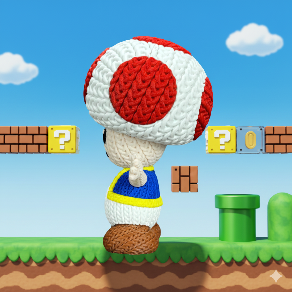 Knitted Mushroom Guide – Cozy Game Fanart Figur Whale 3D Studio