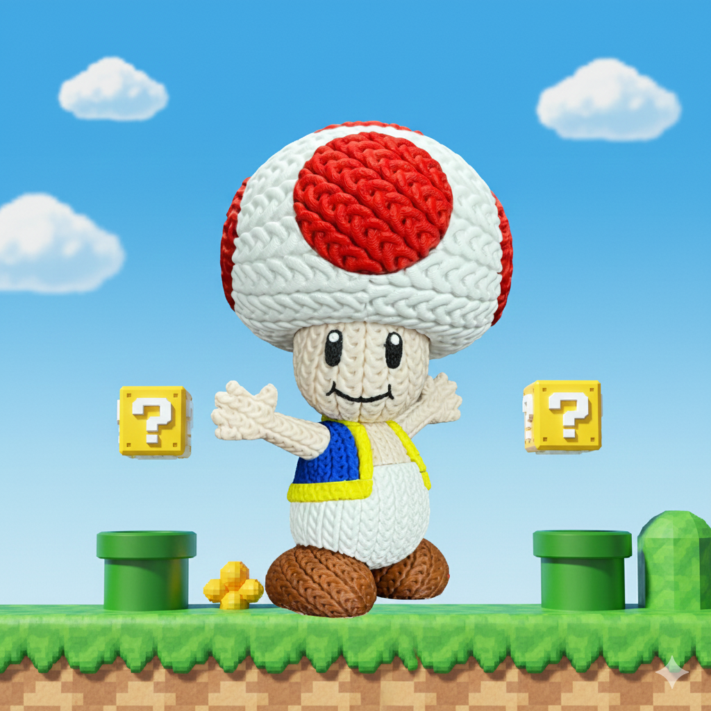 Knitted Mushroom Guide – Cozy Game Fanart Figur Whale 3D Studio