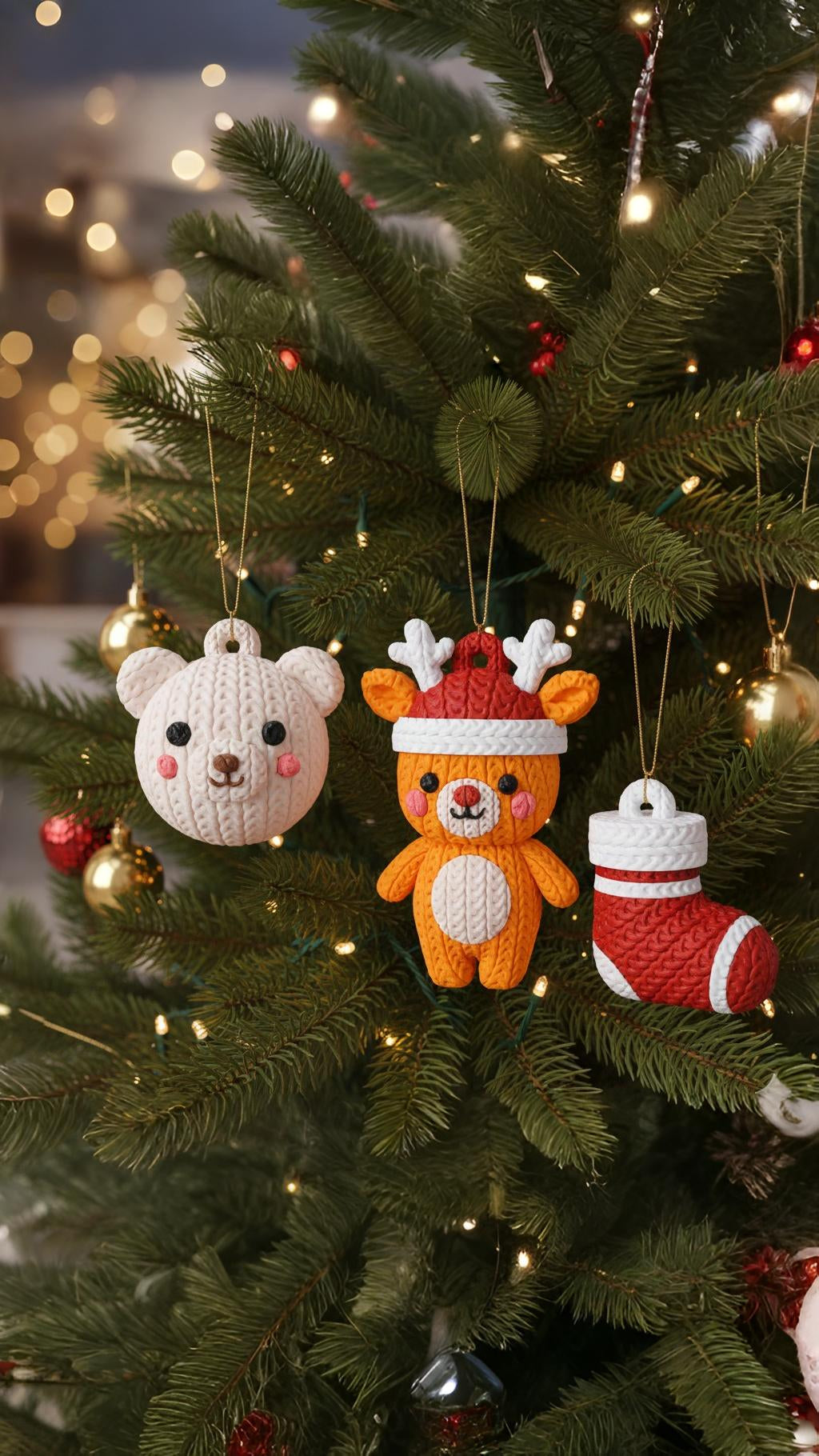 Drei gestrickte Weihnachtsanhänger am Tannenbaum: Bär, Rentier im Hut, Weihnachtssocke