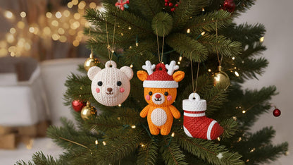 Gestrickter Weihnachtsanhänger-Set mit Bär, Rentier im Hut und gestreifter Weihnachtssocke