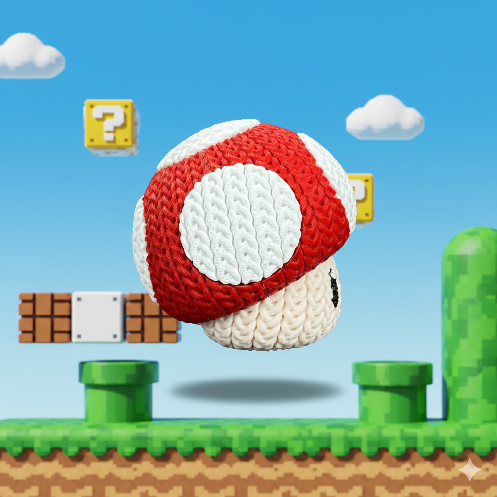 Knitted Power Mushroom Set – Cozy Game Fanart Figur & Keychain Whale 3D Studio