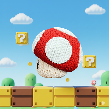 Knitted Power Mushroom Set – Cozy Game Fanart Figur & Keychain Whale 3D Studio