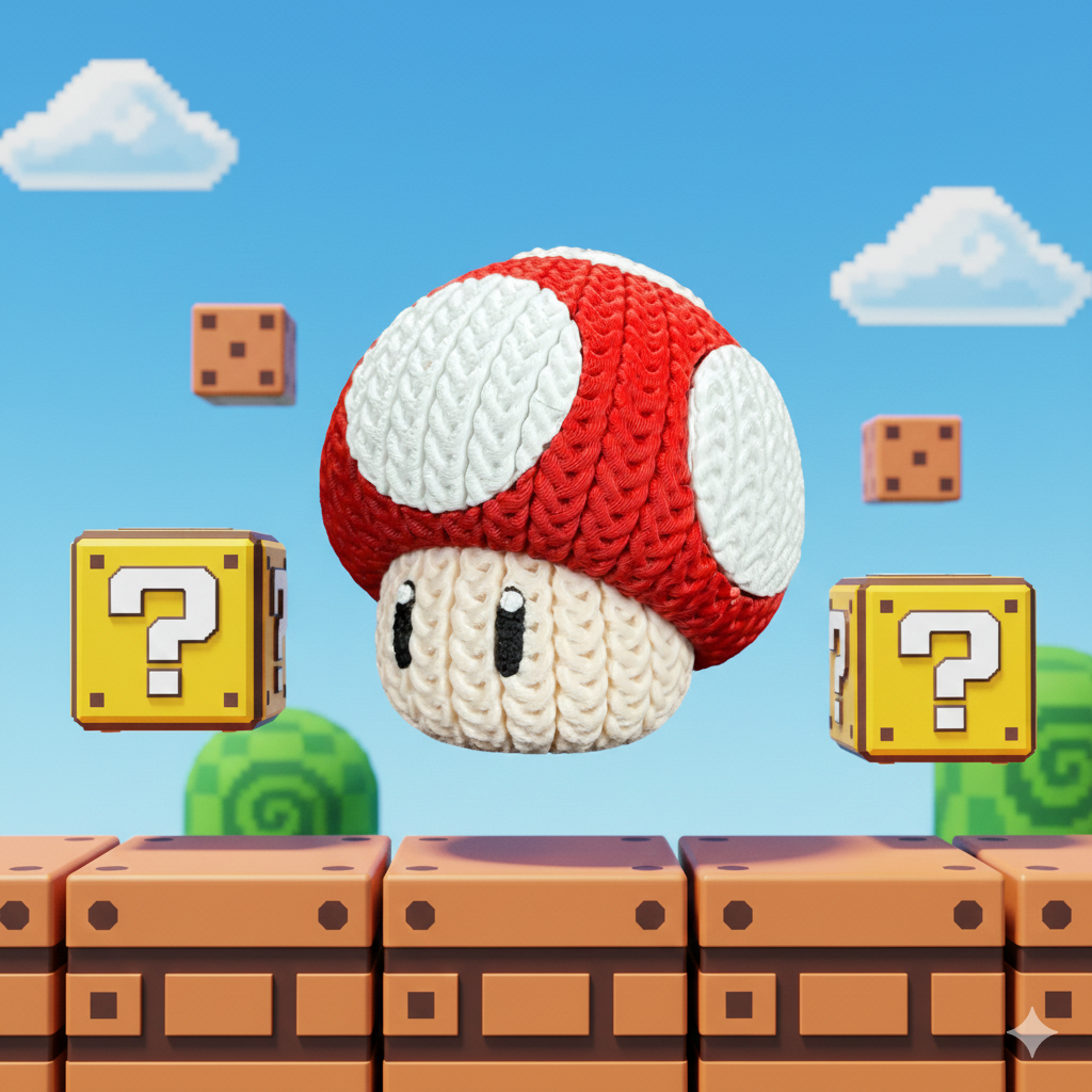 Knitted Power Mushroom Set – Cozy Game Fanart Figur & Keychain Whale 3D Studio