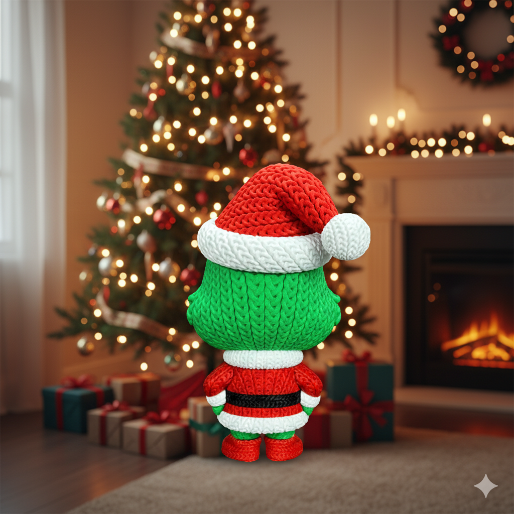Knitted Green Holiday Trickster & Dog – Cozy Winter Fanart Figur Whale 3D Studio