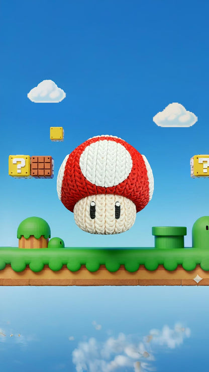 Knitted Power Mushroom Set – Cozy Game Fanart Figur & Keychain Whale 3D Studio