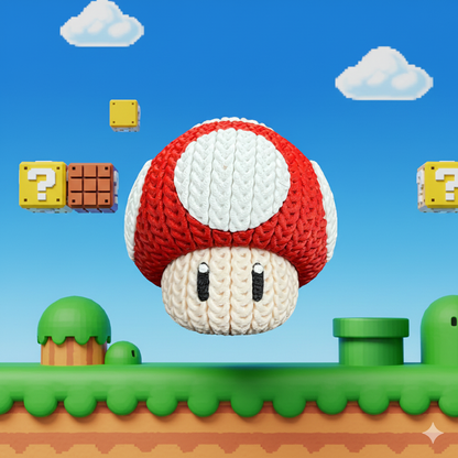 Knitted Power Mushroom Set – Cozy Game Fanart Figur & Keychain Whale 3D Studio