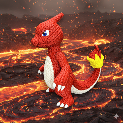 Knitted Fire Lizard Warrior – Cozy Monster Fanart Figur Whale 3D Studio