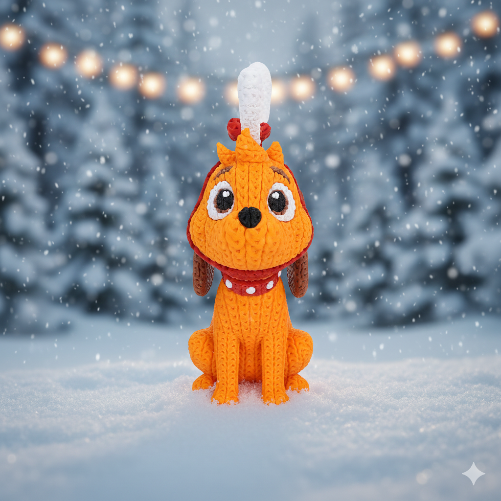 Knitted Green Holiday Trickster & Dog – Cozy Winter Fanart Figur Whale 3D Studio