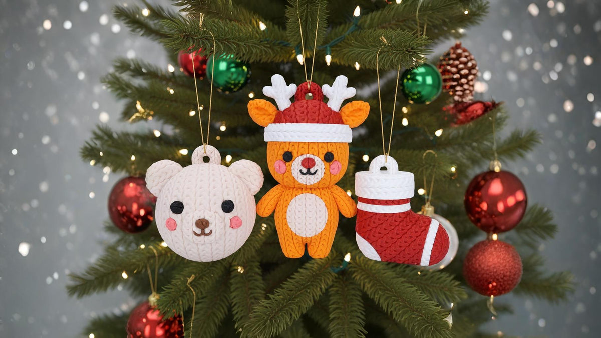 Drei gestrickte Weihnachtsanhänger: Bärkopf, Rentier im Hut und Weihnachtssocke