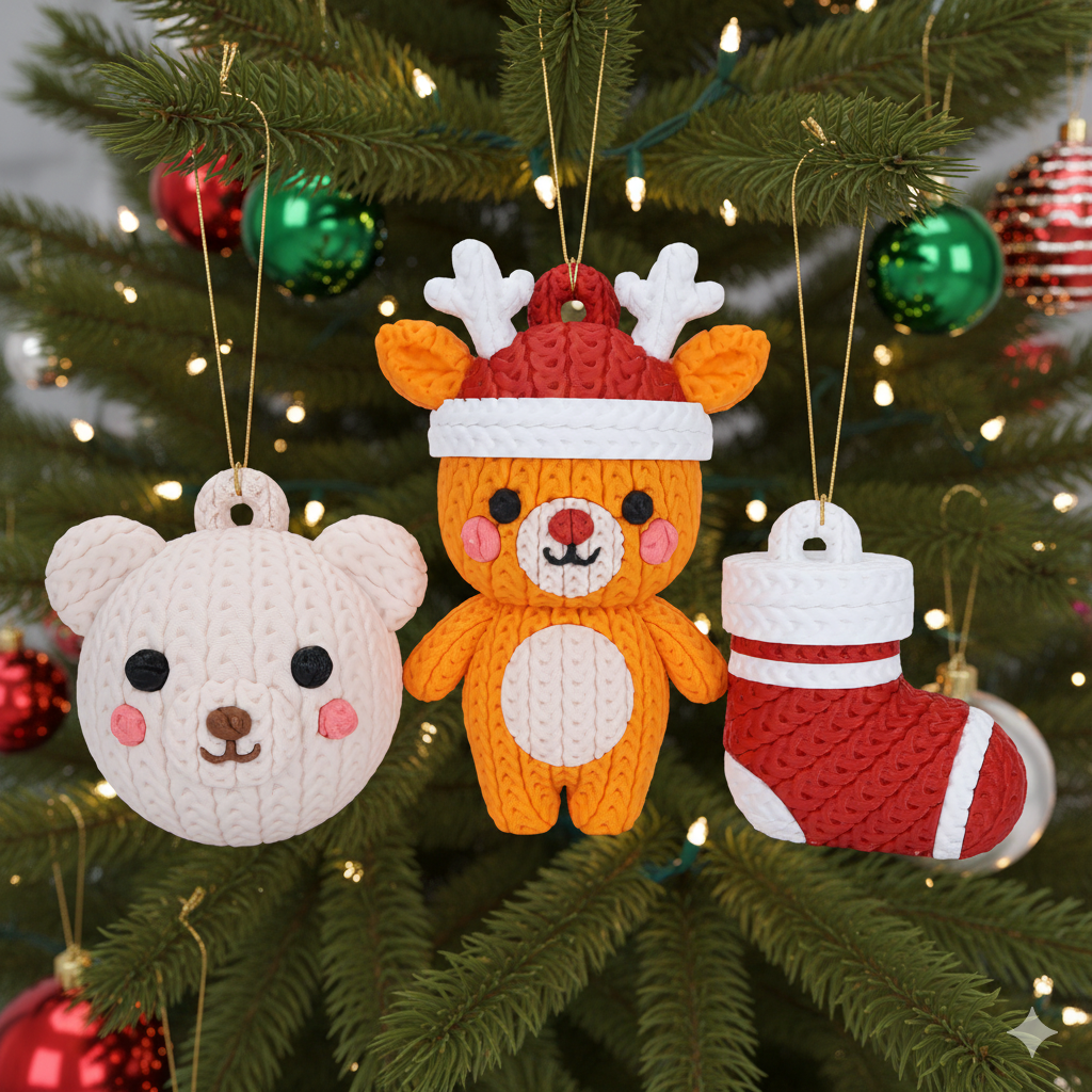 Nahaufnahme von drei gestrickten Weihnachtsanhängern: Bär, Rentier im Hut, Weihnachtssocke