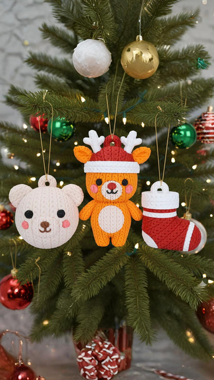 Gestrickter Weihnachtsanhänger mit Bär, Rentier im Hut und Weihnachtssocke am Tannenbaum
