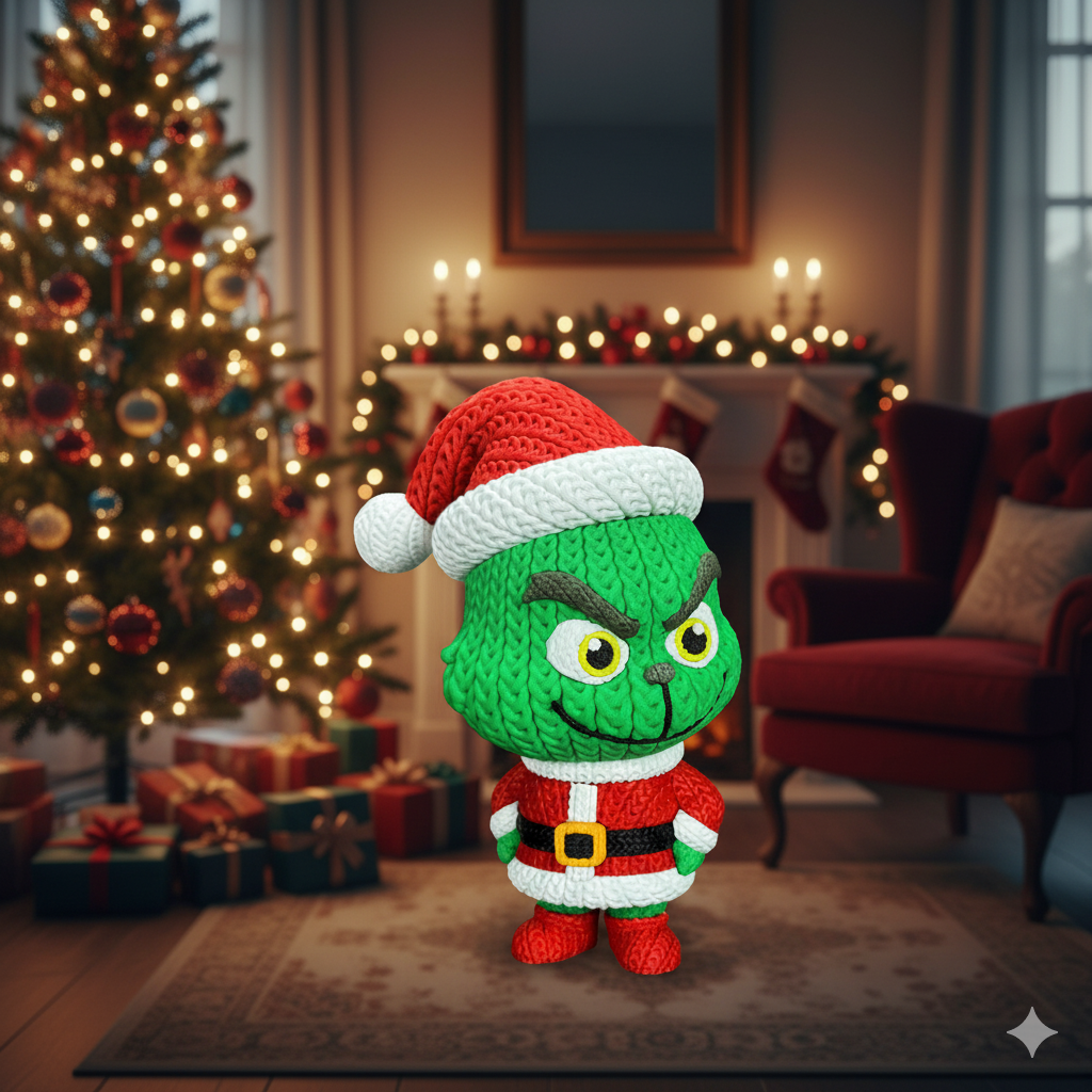 Knitted Green Holiday Trickster & Dog – Cozy Winter Fanart Figur Whale 3D Studio