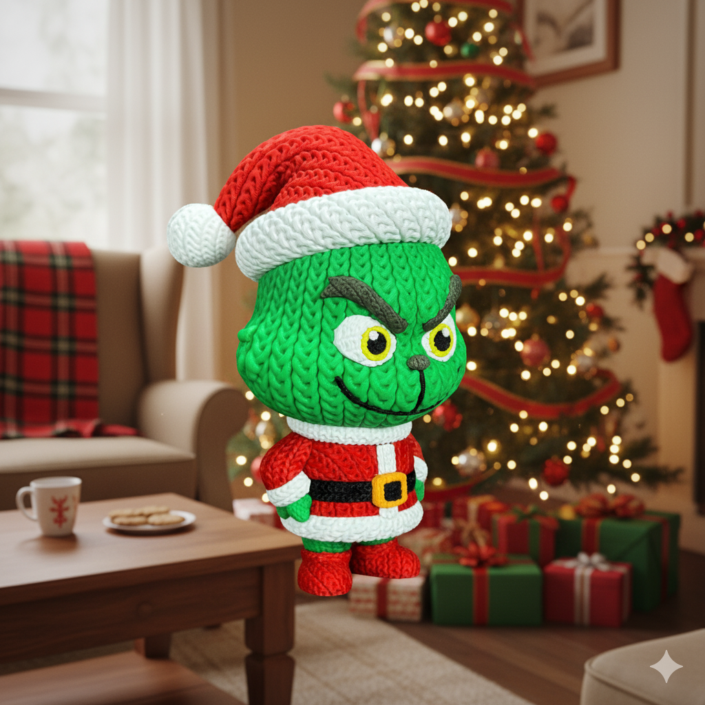 Knitted Green Holiday Trickster & Dog – Cozy Winter Fanart Figur Whale 3D Studio