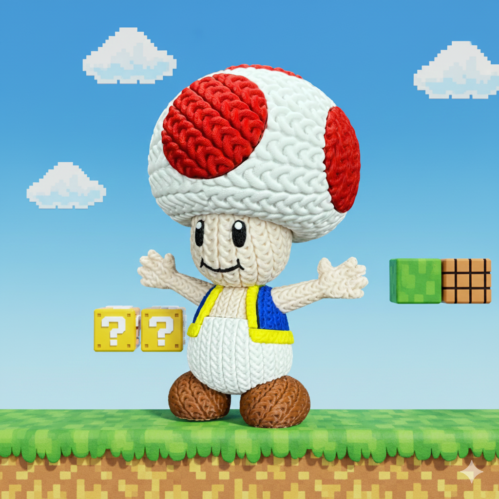 Knitted Mushroom Guide – Cozy Game Fanart Figur Whale 3D Studio