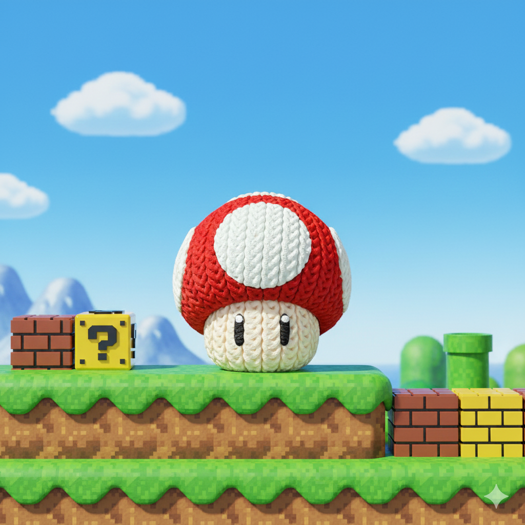 Knitted Power Mushroom Set – Cozy Game Fanart Figur & Keychain Whale 3D Studio