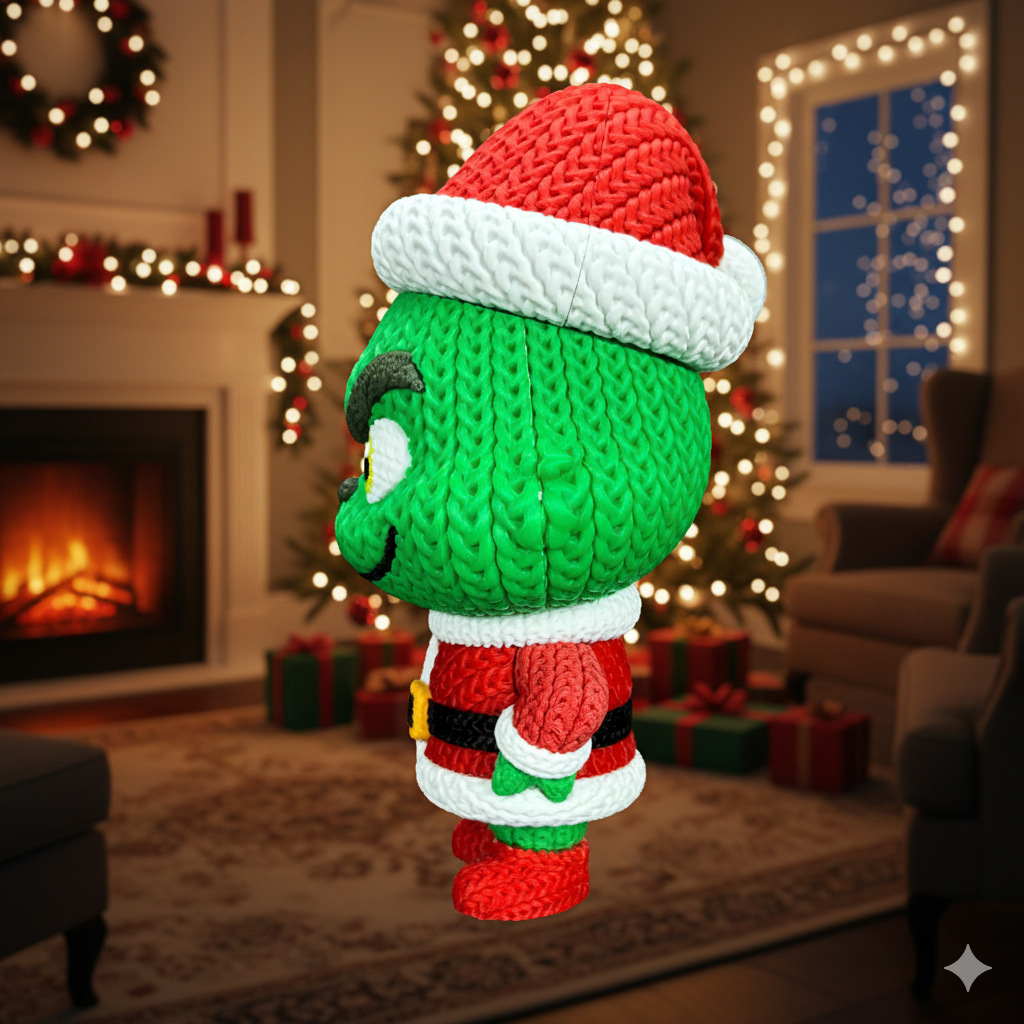 Knitted Green Holiday Trickster & Dog – Cozy Winter Fanart Figur Whale 3D Studio
