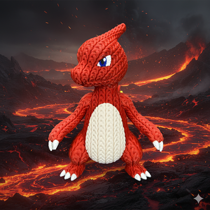 Knitted Fire Lizard Warrior – Cozy Monster Fanart Figur Whale 3D Studio
