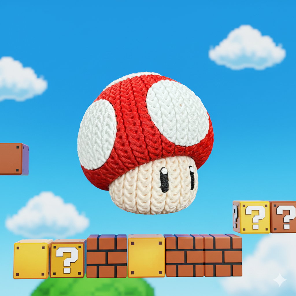 Knitted Power Mushroom Set – Cozy Game Fanart Figur & Keychain Whale 3D Studio