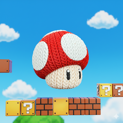 Knitted Power Mushroom Set – Cozy Game Fanart Figur & Keychain Whale 3D Studio