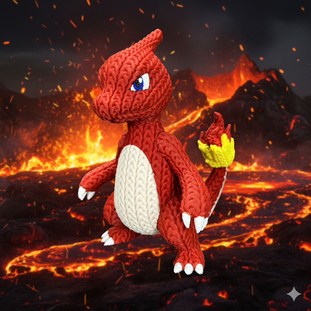 Knitted Fire Lizard Warrior – Cozy Monster Fanart Figur Whale 3D Studio