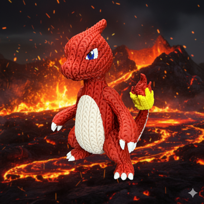 Knitted Fire Lizard Warrior – Cozy Monster Fanart Figur Whale 3D Studio