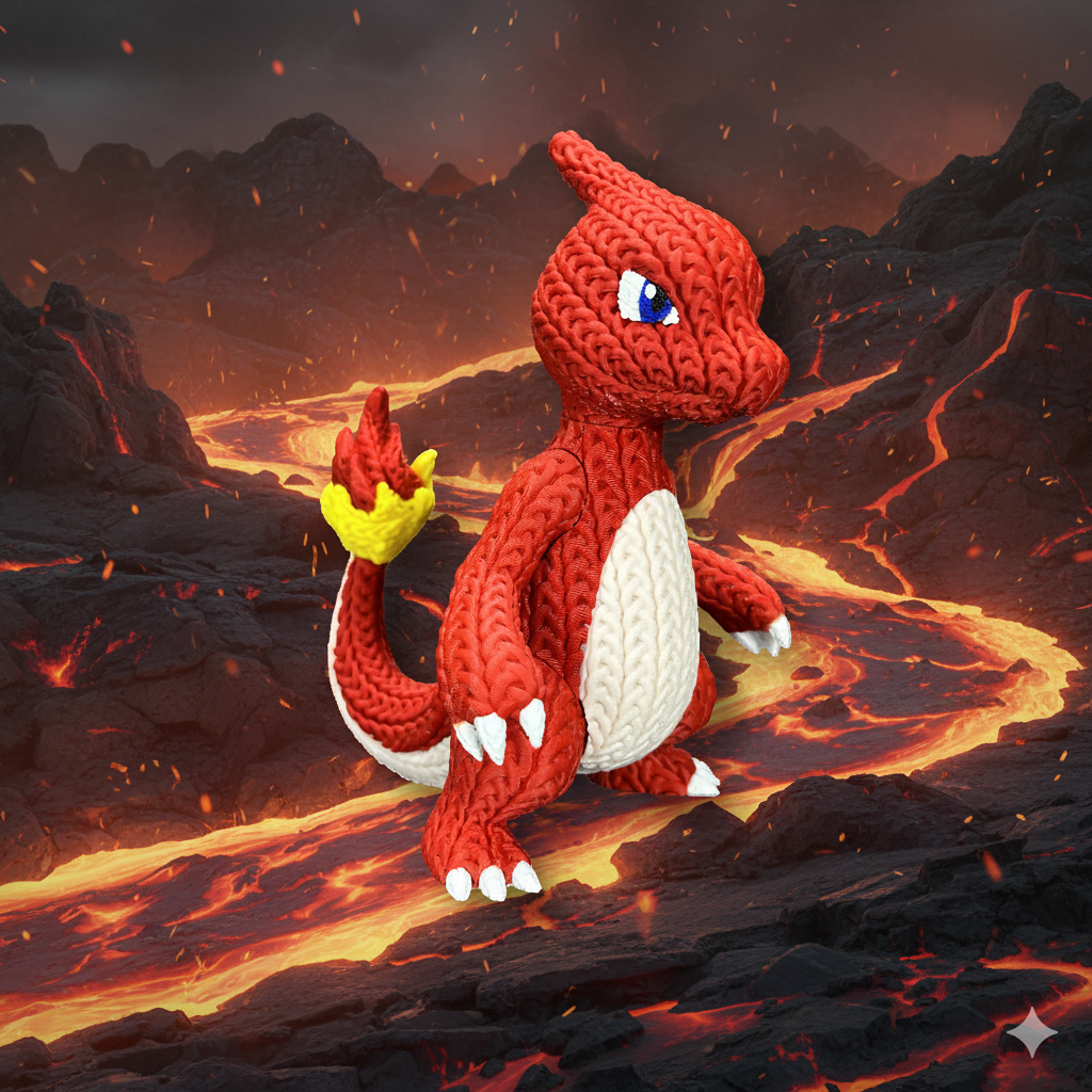 Knitted Fire Lizard Warrior – Cozy Monster Fanart Figur Whale 3D Studio