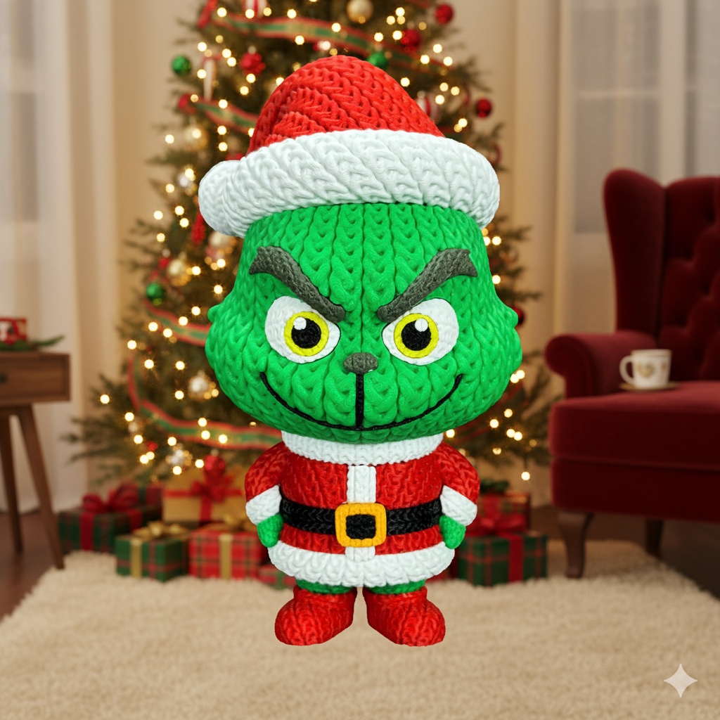 Knitted Green Holiday Trickster & Dog – Cozy Winter Fanart Figur Whale 3D Studio