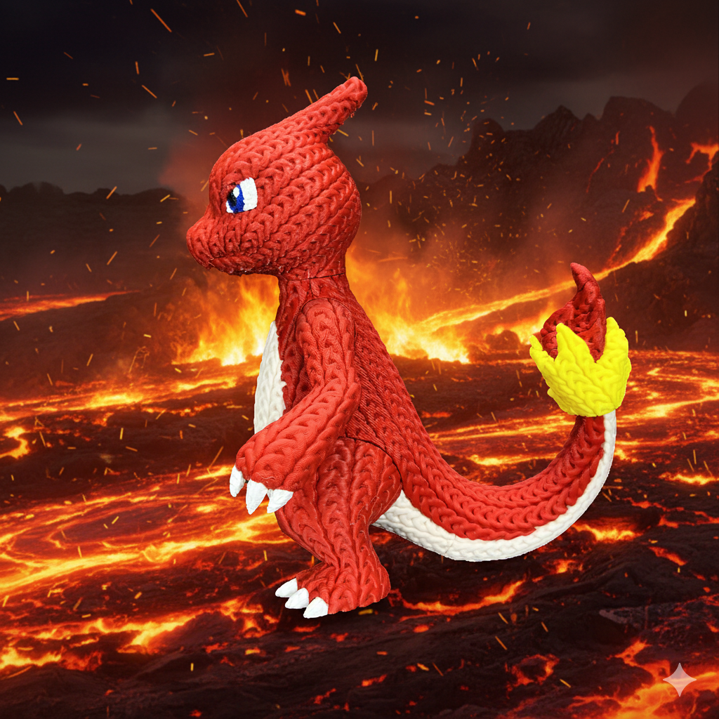Knitted Fire Lizard Warrior – Cozy Monster Fanart Figur Whale 3D Studio