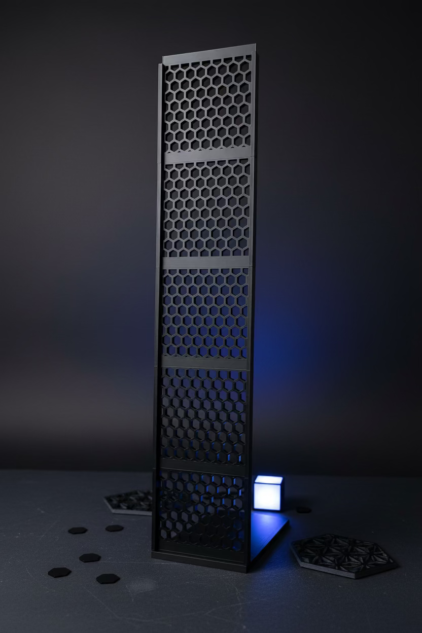 Schwarzer Modellauto-Stand mit hexagonalen Gittereinsätzen für Blisterkarten, hochkant