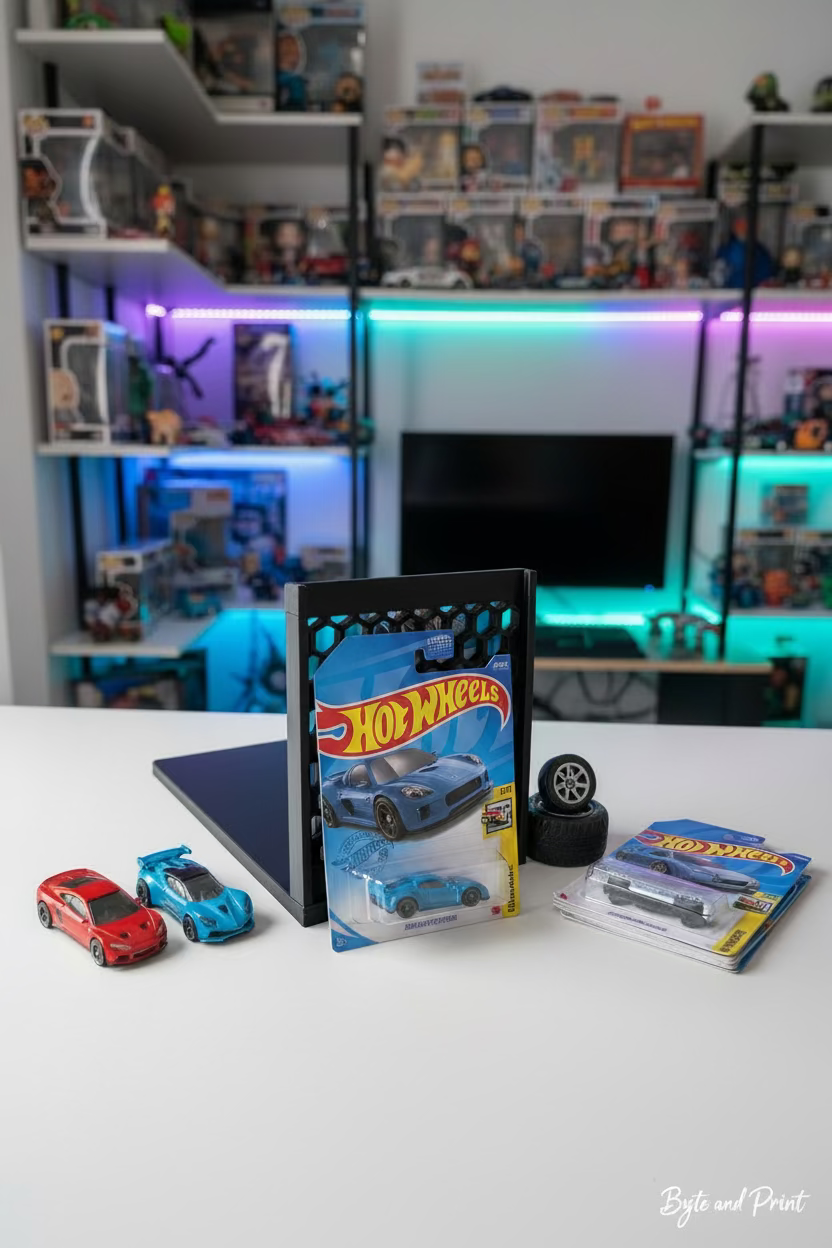 Schwarzer Modellauto-Stand mit Blisterkarten, Hot Wheels im Display