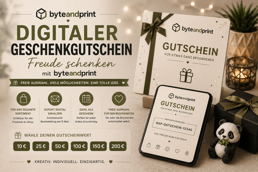 Digitaler Geschenkgutschein von byteandprint, Gutschein-Karten mit grüner Schleife und Auswahl