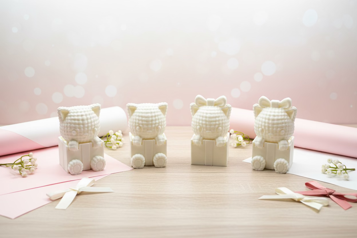 Cremefarbene Katzenfigur im 3D-Look, mehrere Exemplare auf Schneidematte