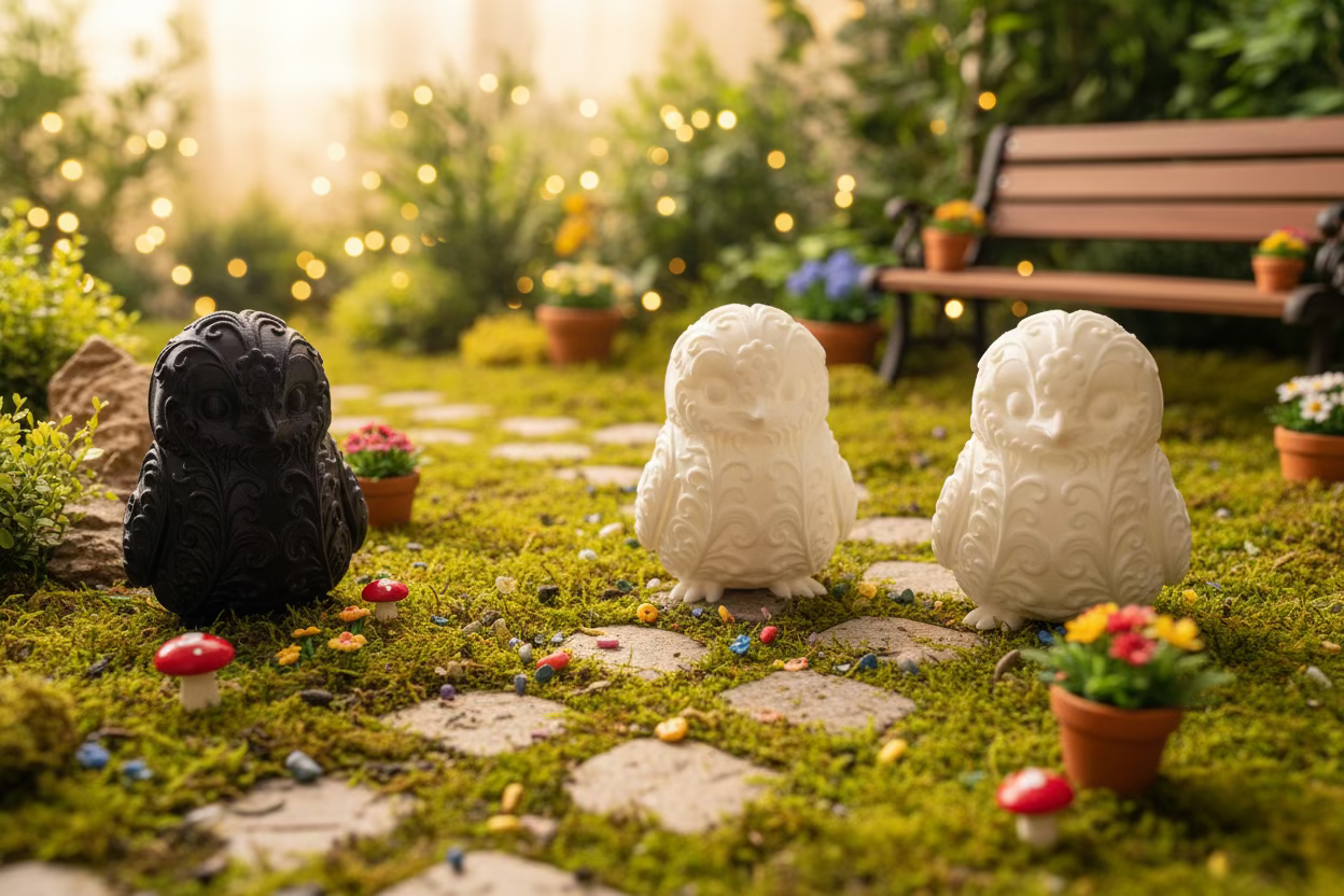 Set aus drei Panda-Ornamenten: schwarz und zwei cremefarbene