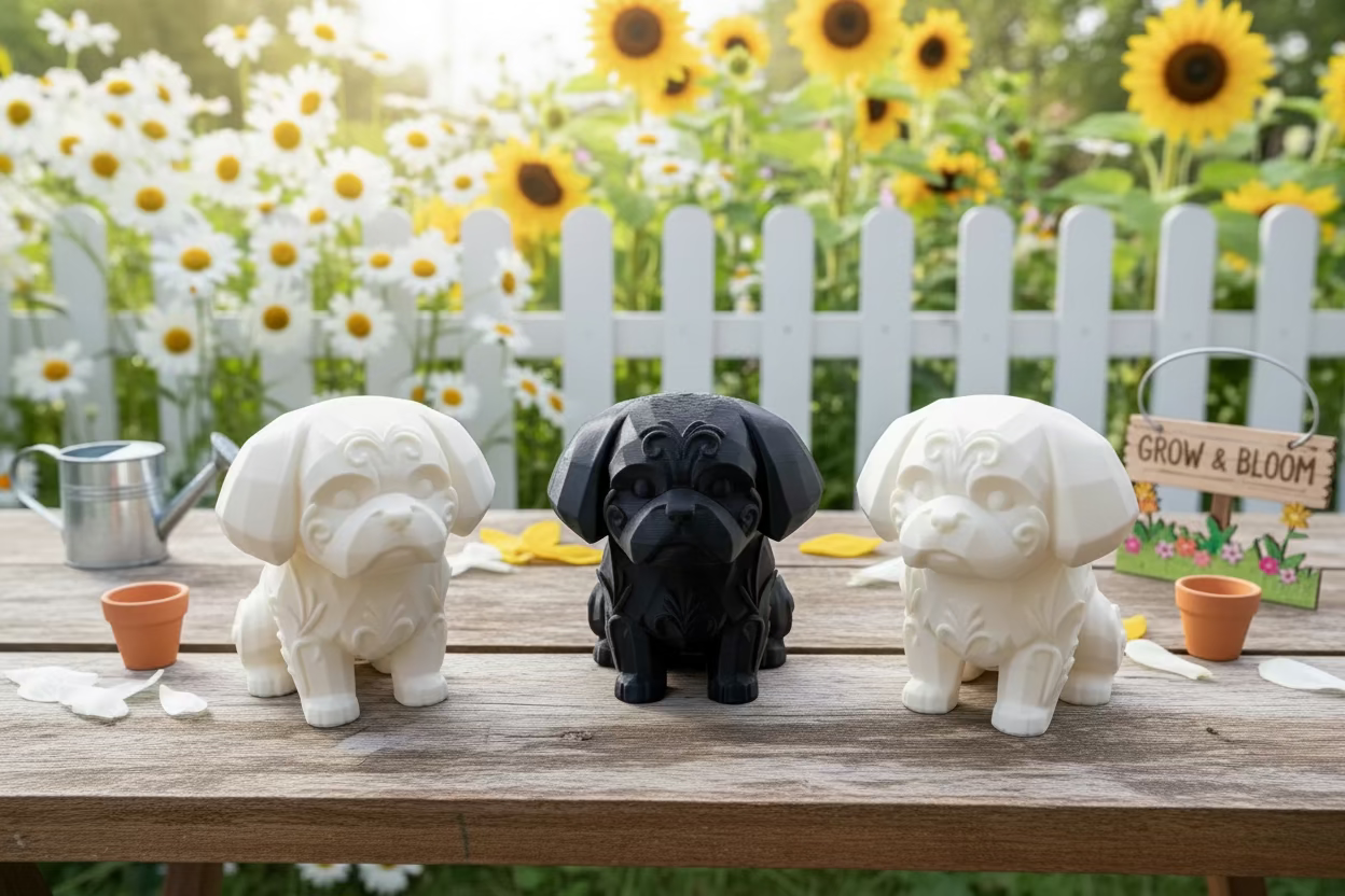 Shih-Tzu-Ornamente: drei sitzende Hundfiguren in Weiß und Schwarz.