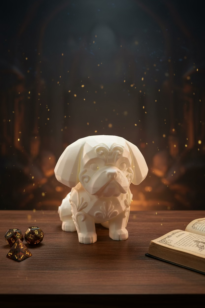 Shih-Tzu-Ornamentfigur, sitzender Hund in hellem Beige, seitliche Ansicht der Pfoten.