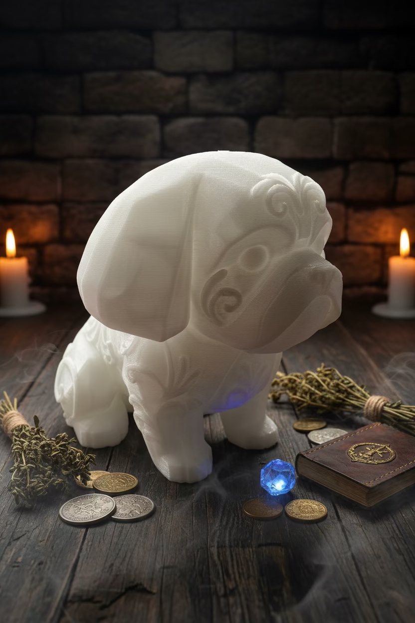 Shih-Tzu-Ornamentfigur, sitzender Hund in hellem Beige mit detailliertem Fellmuster.